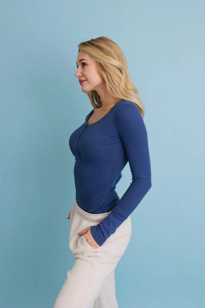 Boho Clothing and Accessories Cotton Long Sleeve Ribbed Henley Top with Buttons in Large view 7 - Boho Style