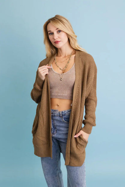 Boho Clothing and Accessories Cozy Open-front Waffle Knit Long Cardigan - Winter Staple ⛄ Top in M/L view 6 - Boho Style