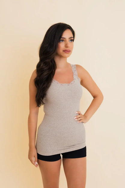 Boho Clothing and Accessories Everyday Lace Trim Ribbed Tank Top in Small - Boho Style