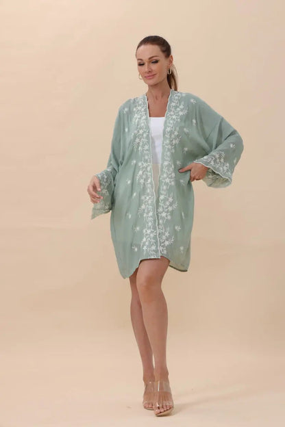 Boho Clothing and Accessories Floral Embroidered Open Front Kimono Cardigan – Lightweight Top view 12 - Boho Style