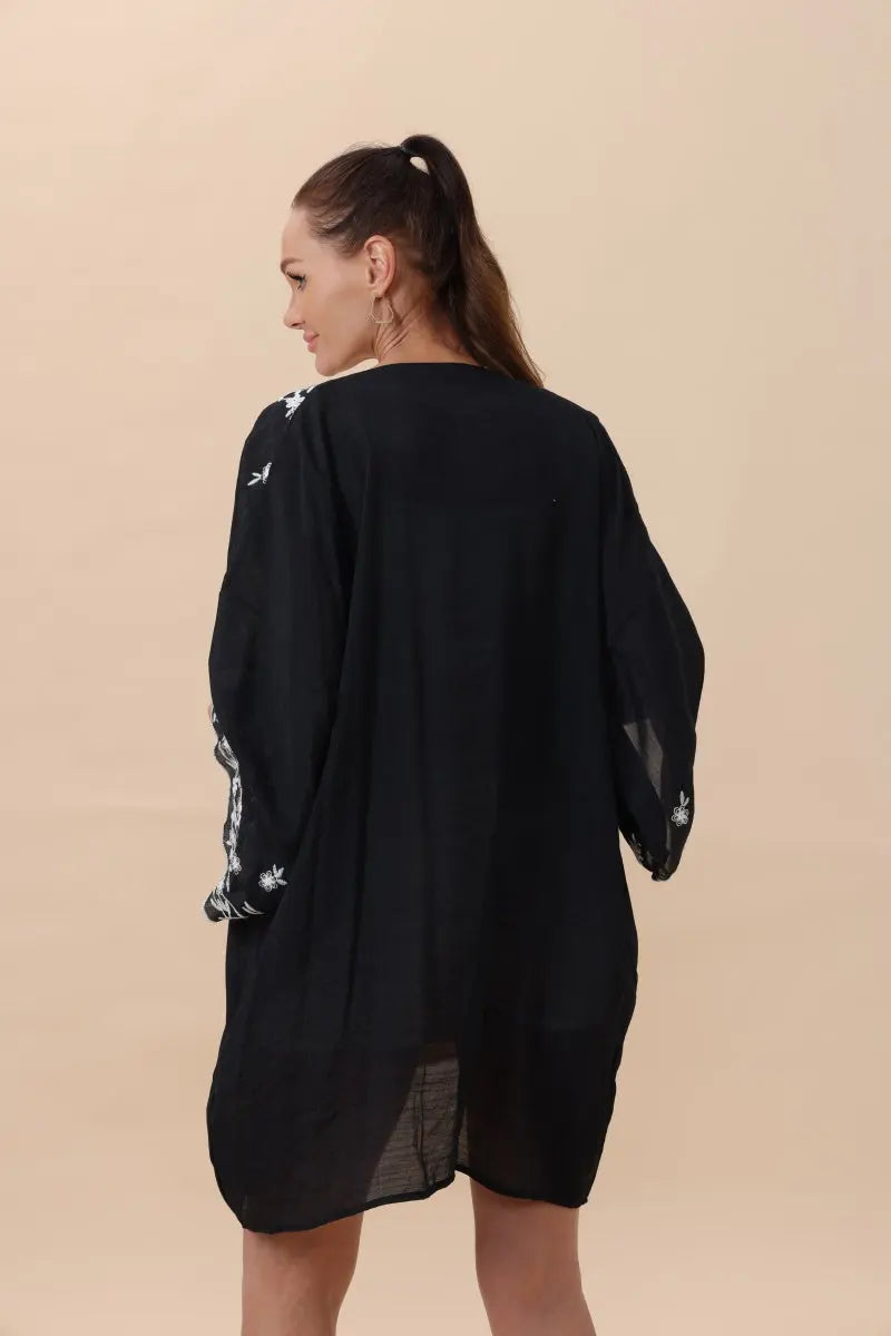Boho Clothing and Accessories Floral Embroidered Open Front Kimono Cardigan – Lightweight Top in Sage view 4 - Boho Style