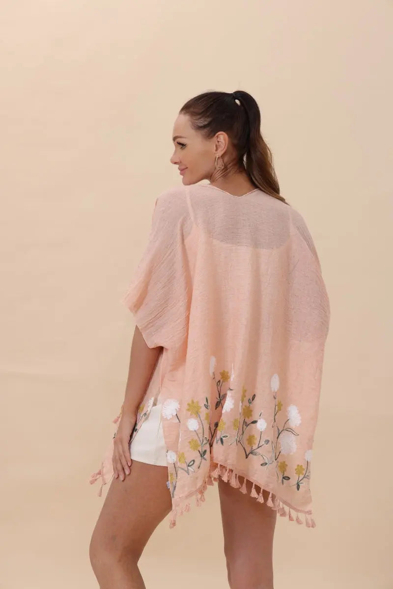 Boho Clothing and Accessories Floral Embroidered Tassel Hem Kimono Cardigan Top view 12 - Boho Style - Boho Style Carpet
