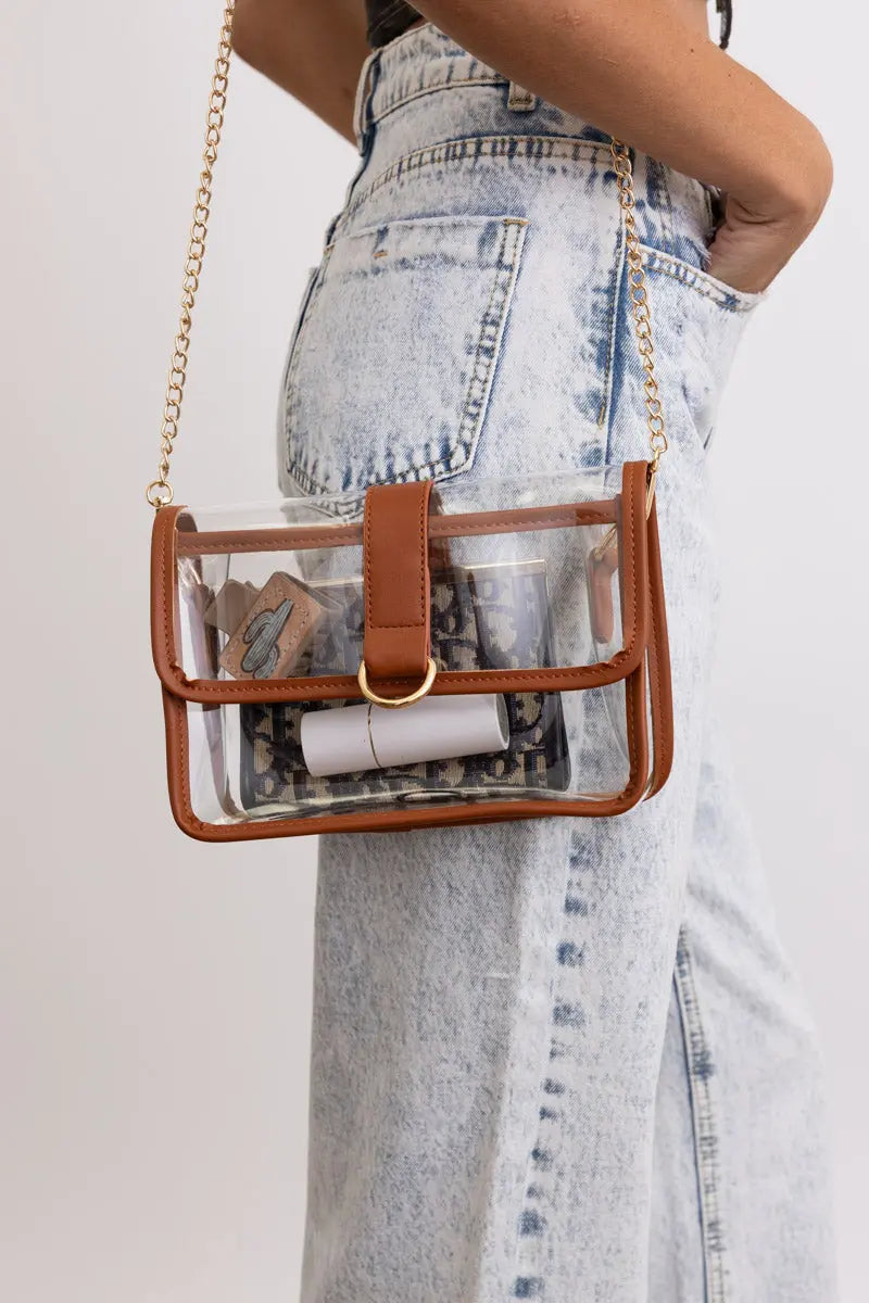 Boho Clothing and Accessories Glam Clear Stadium Bag with Gold Chain Strap in Black view 2 - Boho Style