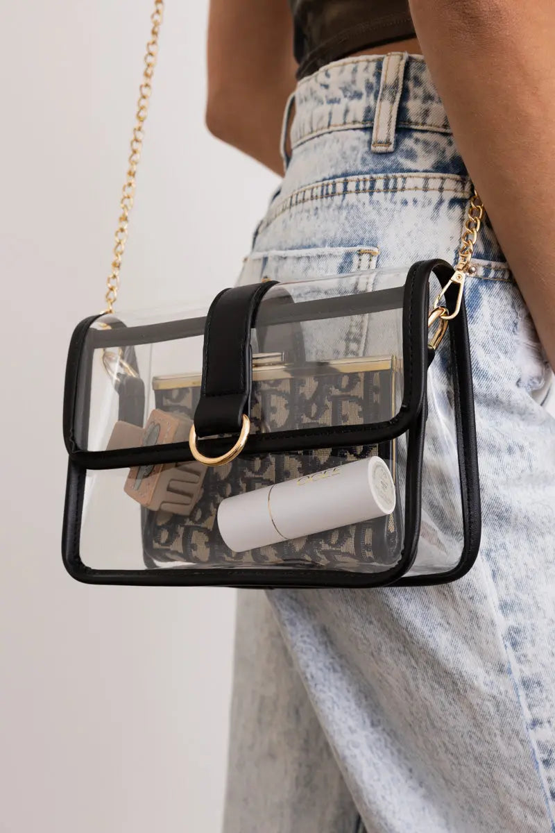 Boho Clothing and Accessories Glam Clear Stadium Bag with Gold Chain Strap view 5 - Boho Style - Glam Clear Makeup Bag