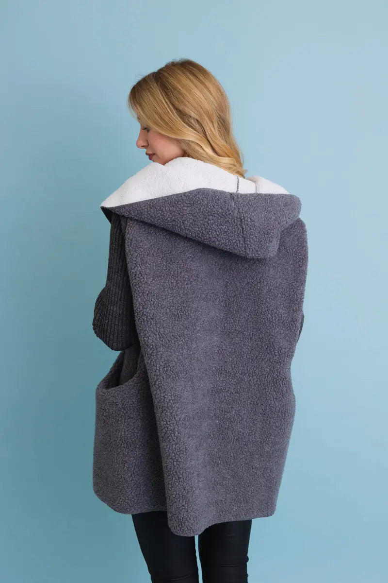 Boho Clothing and Accessories Gray Cozy Sherpa Hooded Cardigan Top in M/L view 2 - Boho Style - Boho Style Cardigan