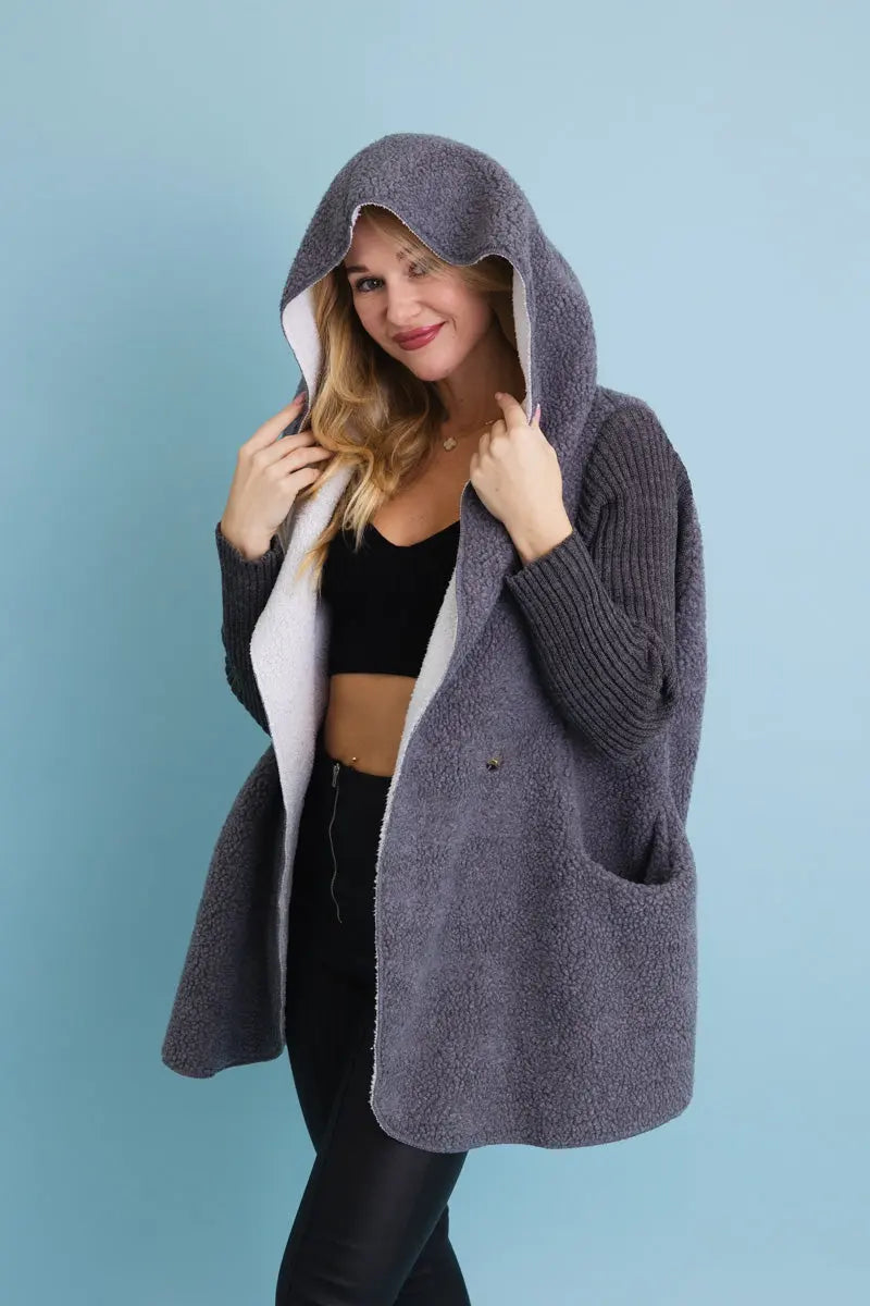 Boho Clothing and Accessories Gray Cozy Sherpa Hooded Cardigan Top view 3 - Boho Style - Boho Style Cardigan