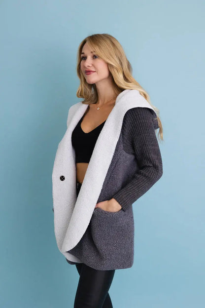Boho Clothing and Accessories Gray Cozy Sherpa Hooded Cardigan Top view 4 - Boho Style - Boho Style Cardigan