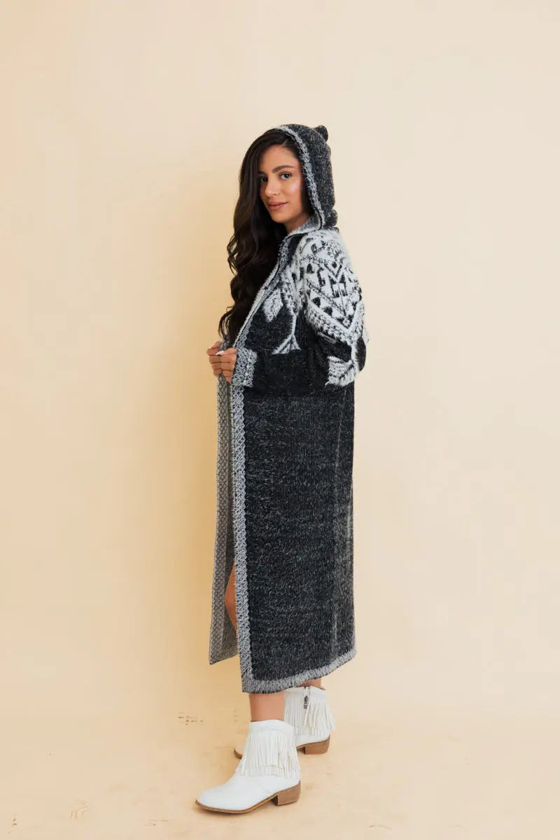 Boho Clothing and Accessories Hooded Fair Isle Knit Cardigan Top view 2 - Boho Style - Boho Style Cardigan