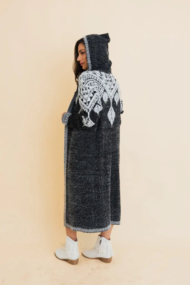 Boho Clothing and Accessories Hooded Fair Isle Knit Cardigan Top view 3 - Boho Style - Boho Style Cardigan