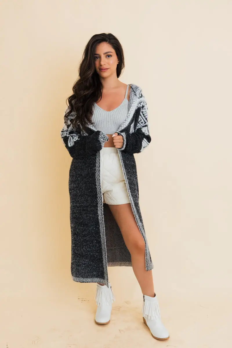 Boho Clothing and Accessories Hooded Fair Isle Knit Cardigan Top view 4 - Boho Style - Boho Style Cardigan