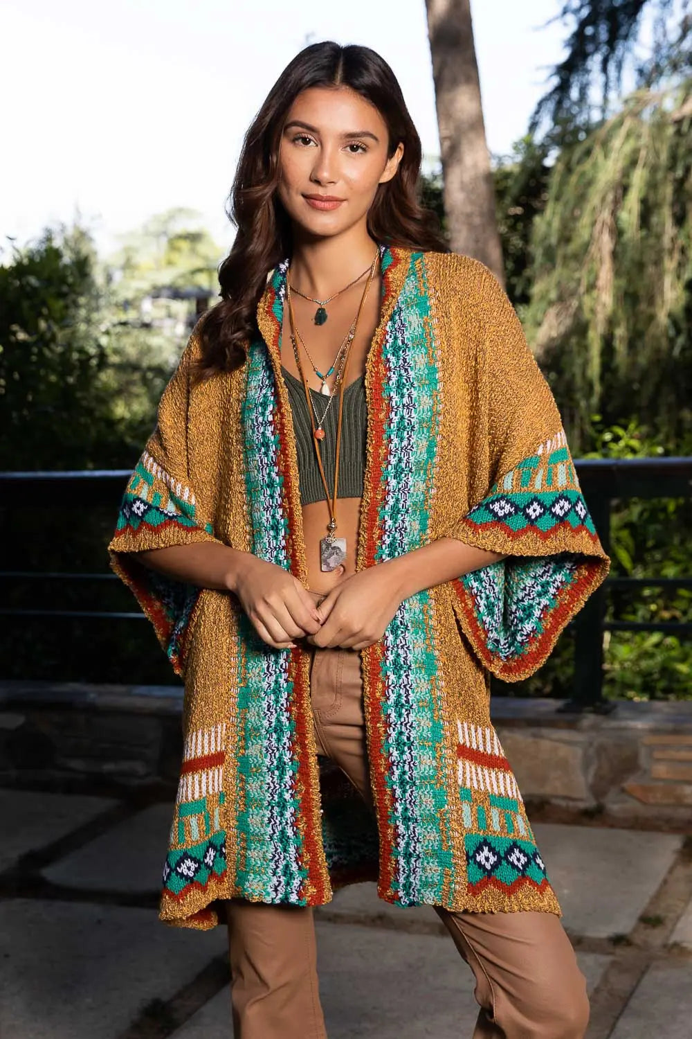 Boho Clothing and Accessories Kachina Tapestry Knit Cardigan Ruana Top view 4 - Boho Style - Boho Style Cardigan