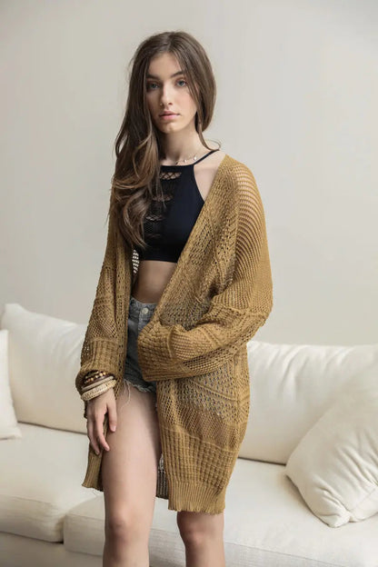 Boho Clothing and Accessories Knit Netted Cardigan Top in Moss - Boho Style - Boho Style Cardigan