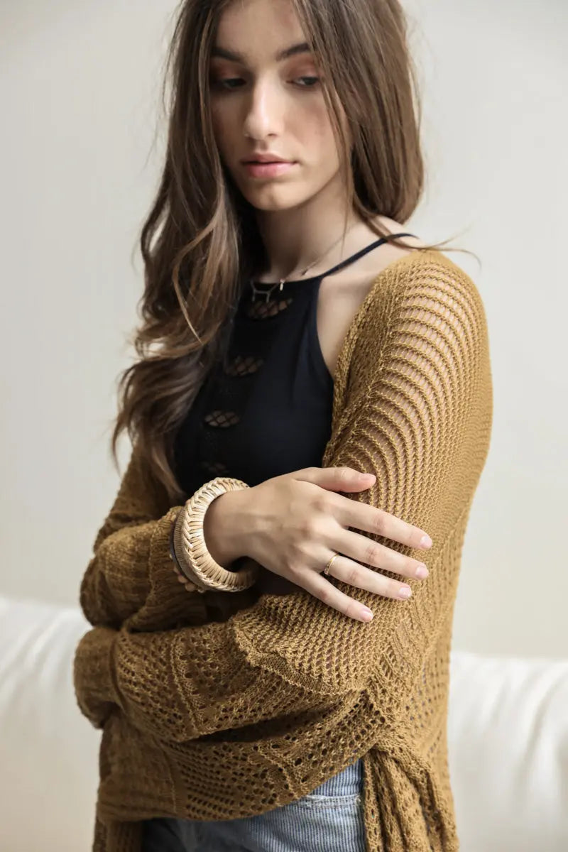 Boho Clothing and Accessories Knit Netted Cardigan Top in Bronze view 3 - Boho Style - Boho Style Cardigan
