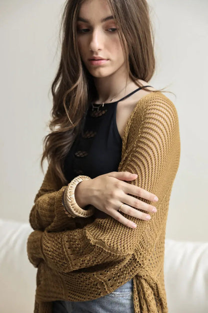 Boho Clothing and Accessories Knit Netted Cardigan Top in Bronze view 3 - Boho Style - Boho Style Cardigan