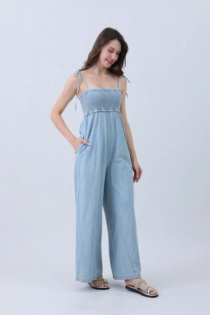 Boho Clothing and Accessories Light Blue Denim Jumpsuit – Smocked Top & Wide Legs in Medium view 2 - Boho Style