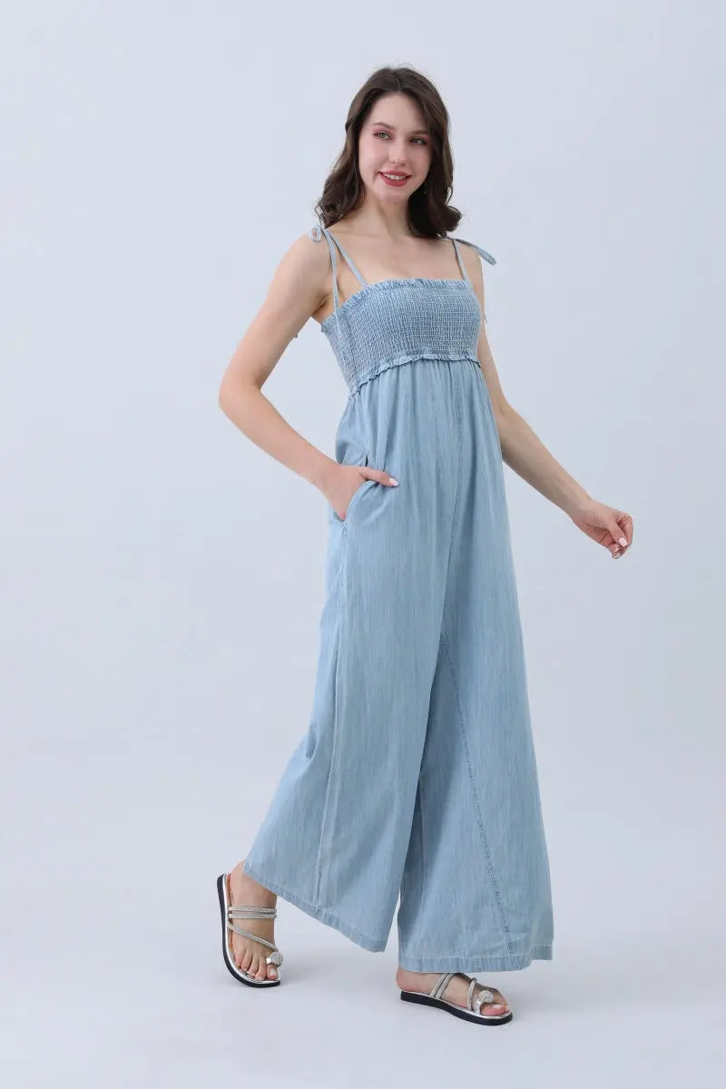 Boho Clothing and Accessories Light Blue Denim Jumpsuit – Smocked Top & Wide Legs in Large view 3 - Boho Style