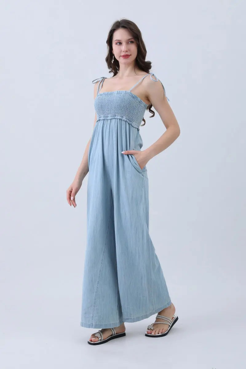 Boho Clothing and Accessories Light Blue Denim Jumpsuit – Smocked Top & Wide Legs in X-Large view 4 - Boho Style