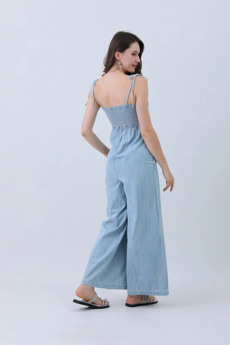 Boho Clothing and Accessories Light Blue Denim Jumpsuit – Smocked Top & Wide Legs view 5 - Boho Style - Boho Womens Jumpsuit