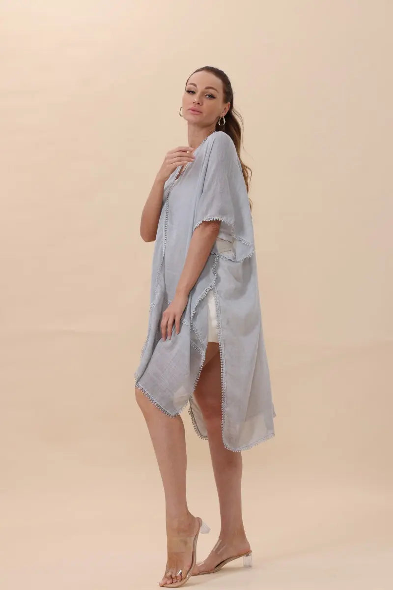Boho Clothing and Accessories Lightweight Crochet Trim Boho Kimono Cardigan Top in Blue view 4 - Boho Style