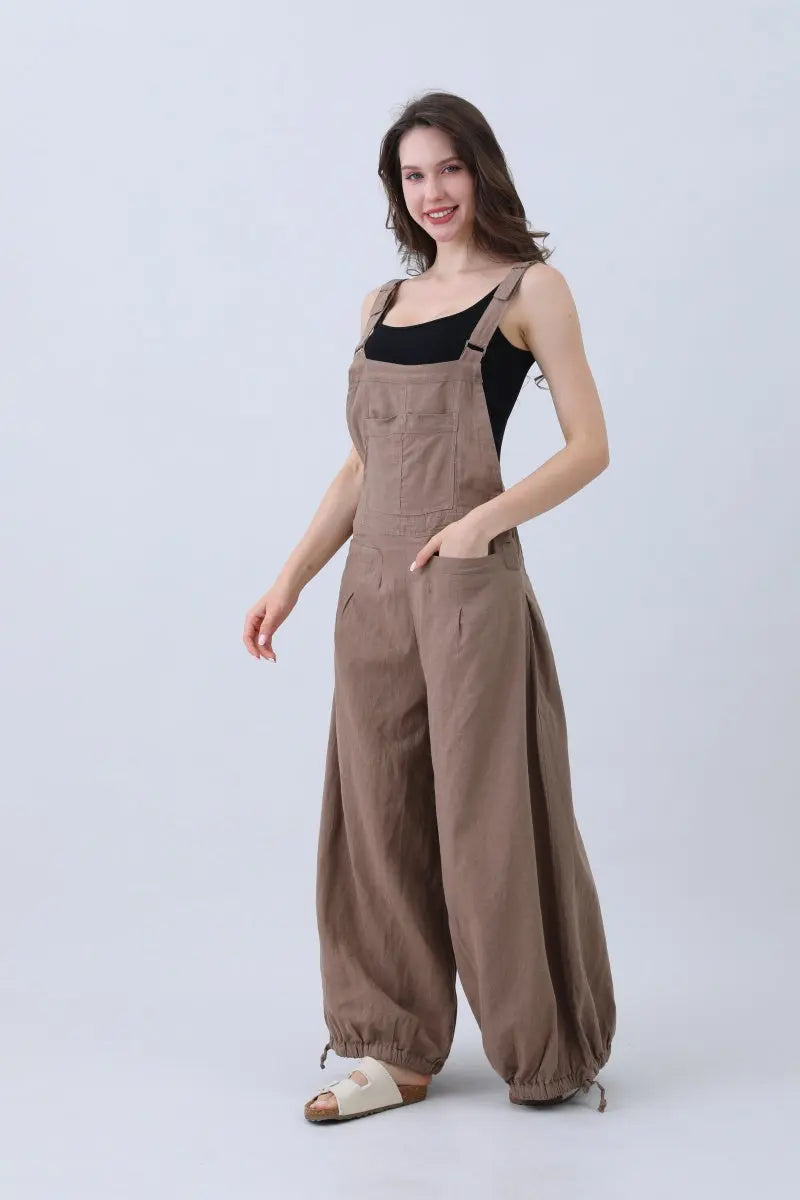 Boho Clothing and Accessories Linen Wide-leg Jumpsuit – Adjustable Cuffs in Mocha view 4 - Boho Style - Boho Womens Jumpsuit