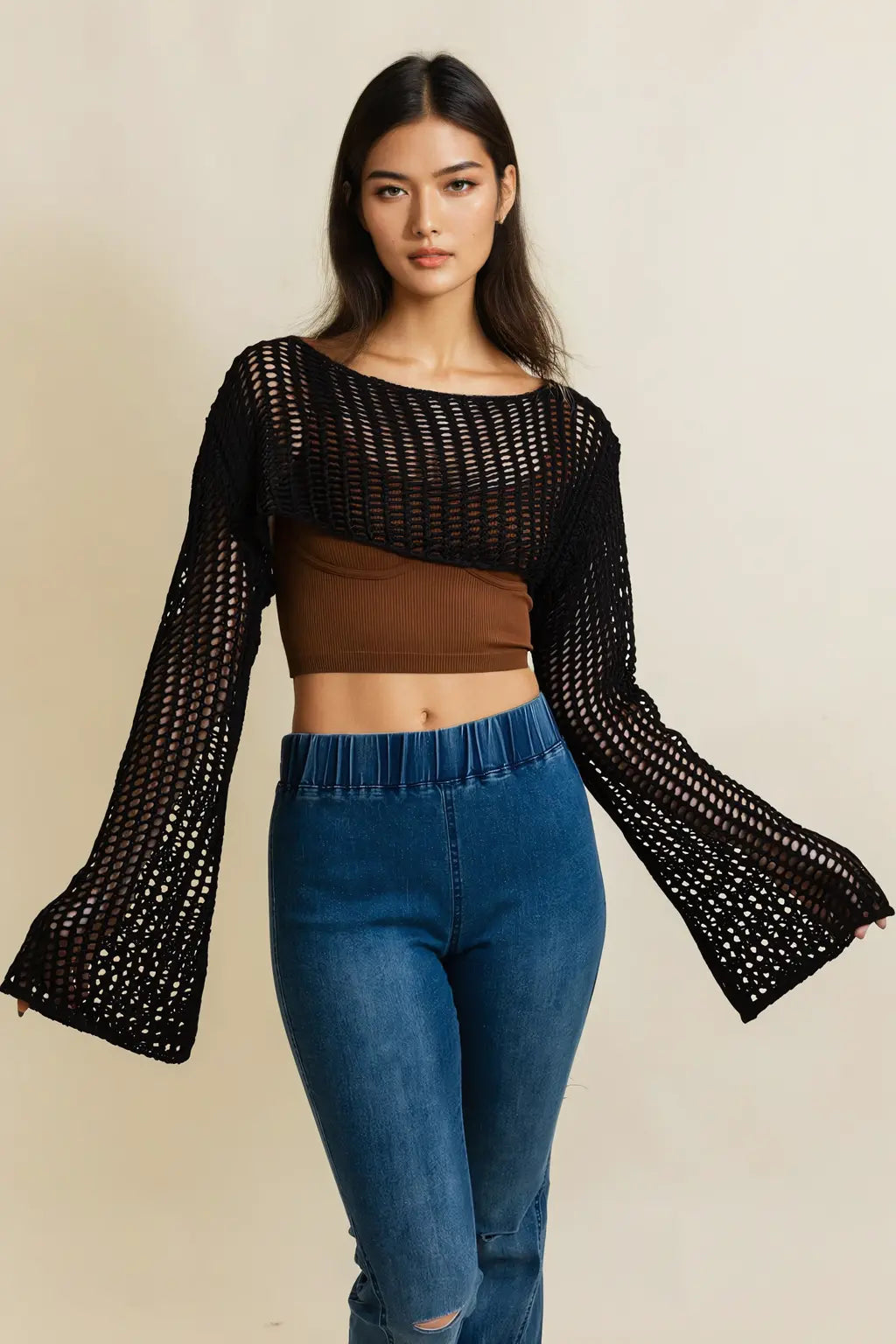 Boho Clothing and Accessories Loom Knitted Cropped Sweater in XS/S view 3 - Boho Style - Boho Style Sweaters (top)
