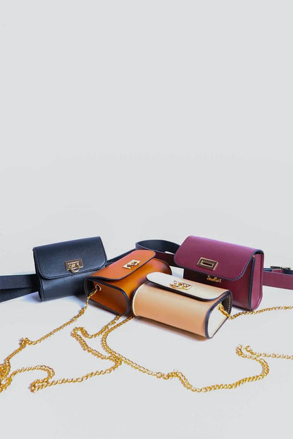 Boho Clothing and Accessories Mini Faux Leather Belt Bag – Chic with Gold Link Chain in Cognac - Boho Style - Boho Style Bag