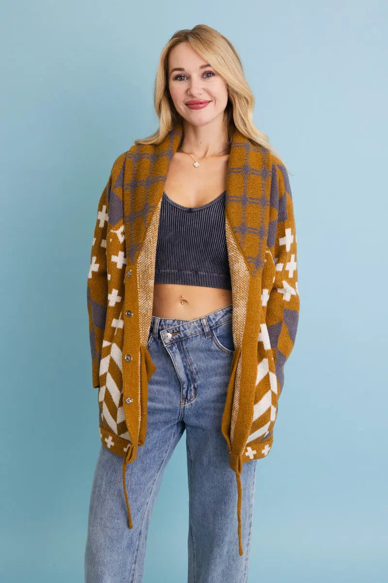Boho Clothing and Accessories Sierra Spirit Geometric Street Style Knit Cardigan Top in Camel - Boho Style