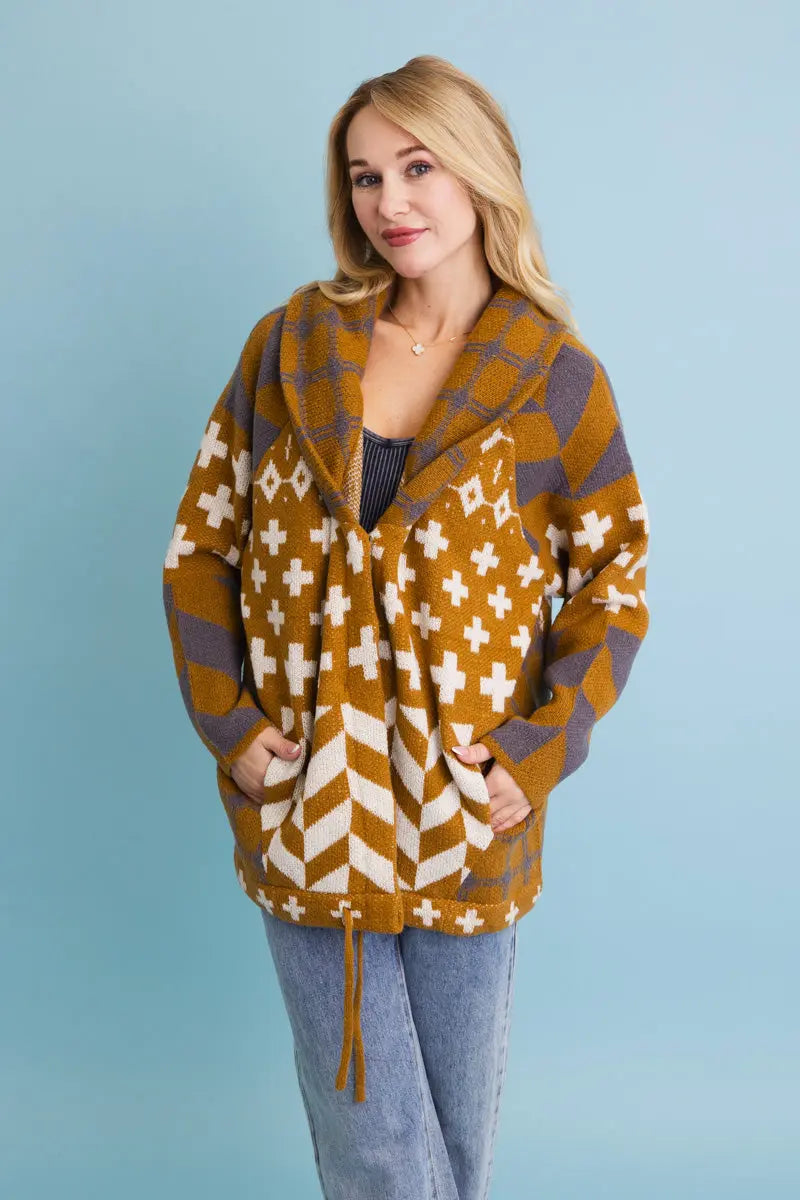 Boho Clothing and Accessories Sierra Spirit Geometric Street Style Knit Cardigan Top in Navy view 3 - Boho Style