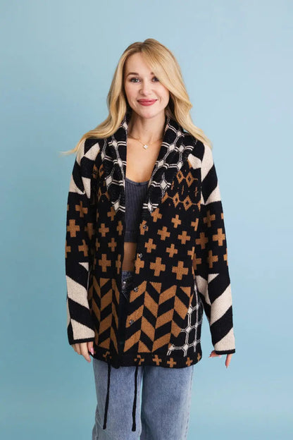 Boho Clothing and Accessories Sierra Spirit Geometric Street Style Knit Cardigan Top view 4 - Boho Style