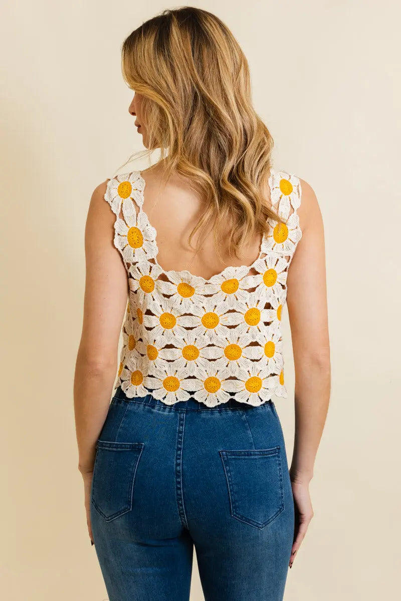 Boho Clothing and Accessories Spring Daisy Crochet Crop Top in XS/S view 2 - Boho Style - Boho Clothing Tops