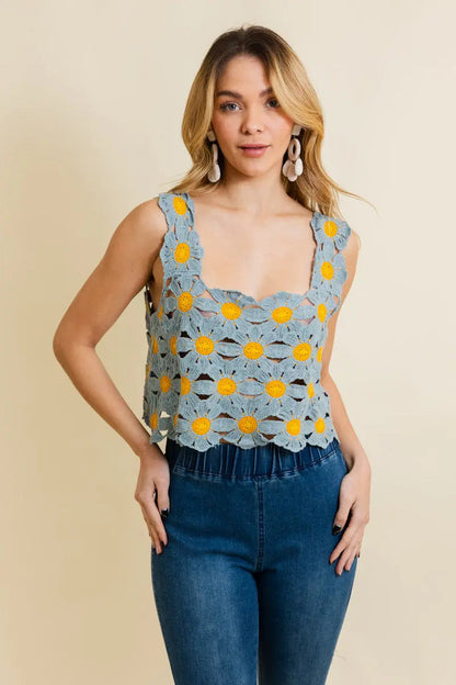 Boho Clothing and Accessories Spring Daisy Crochet Crop Top in M/L view 4 - Boho Style - Boho Clothing Tops
