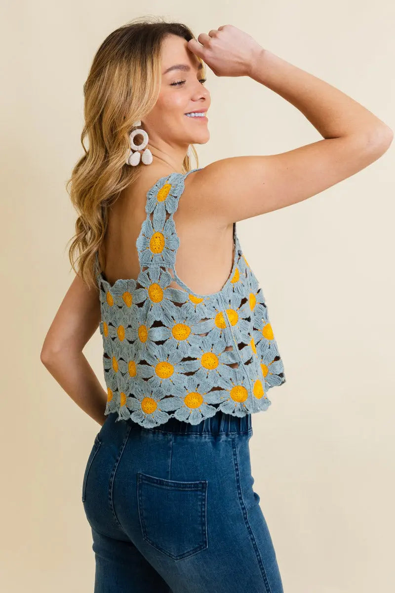 Boho Clothing and Accessories Spring Daisy Crochet Crop Top in M/L view 6 - Boho Style - Boho Clothing Tops