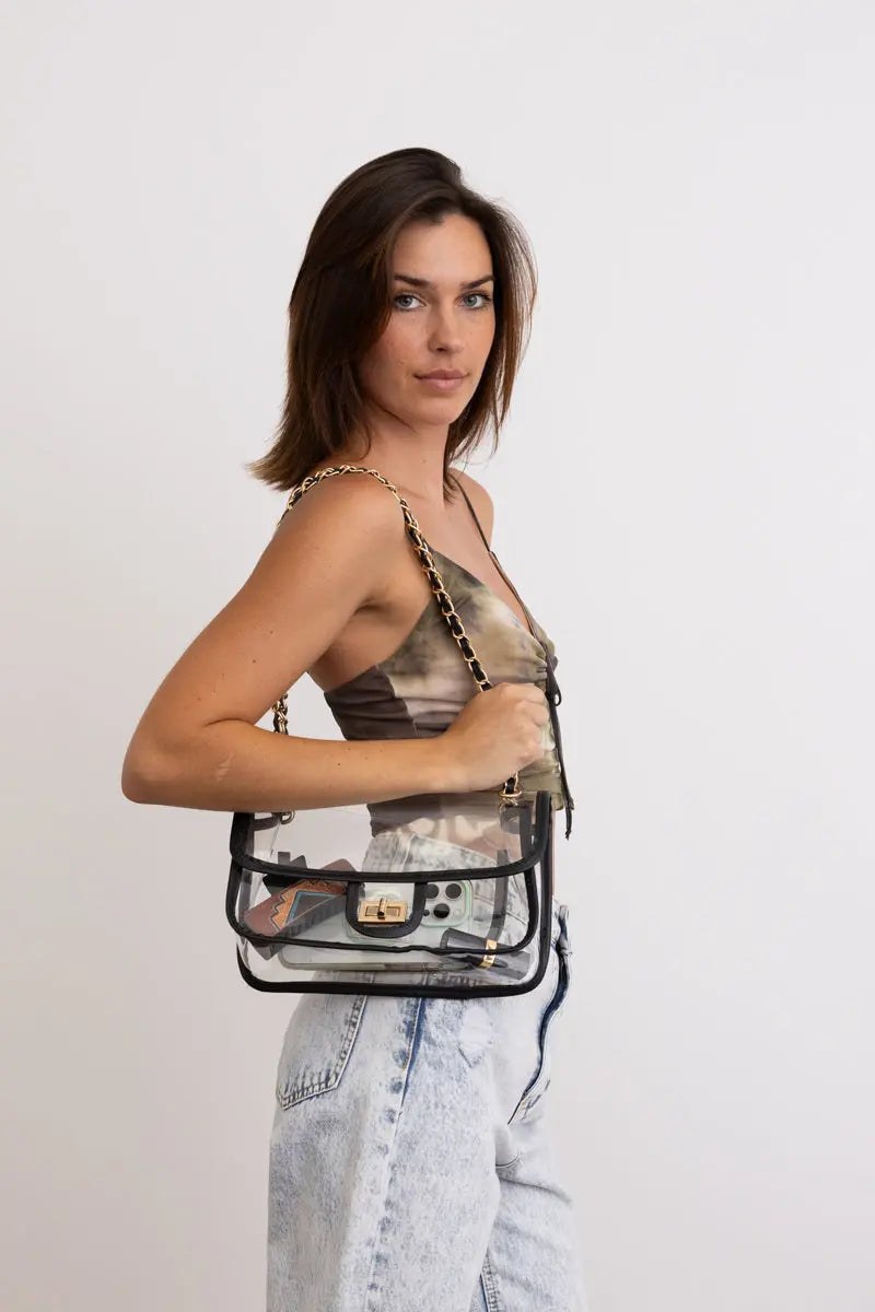 Boho Clothing and Accessories Stadium Chic Clear Flap Bag 🎤 in Black - Boho Style - Boho Style Bag