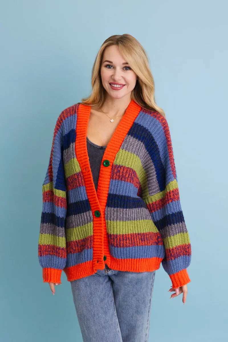 Boho Clothing and Accessories Vibrant Retro Color Burst Oversized Cardigan 🌈 Top view 3 - Relaxed Fit - Boho Style Cardigan