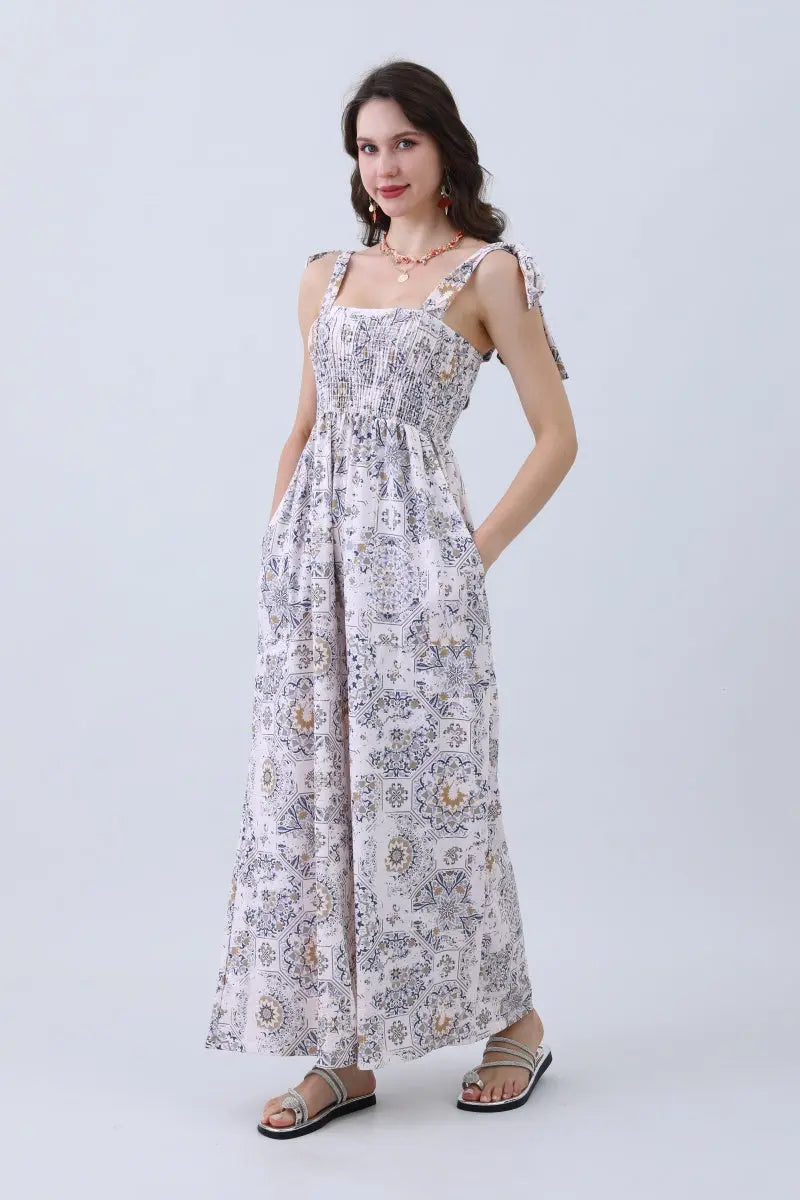 Boho Clothing and Accessories Women’s Floral Print Jumpsuit – Elasticized Bust & Dreamy Wide-leg Cut in Medium view 2 - Comfo