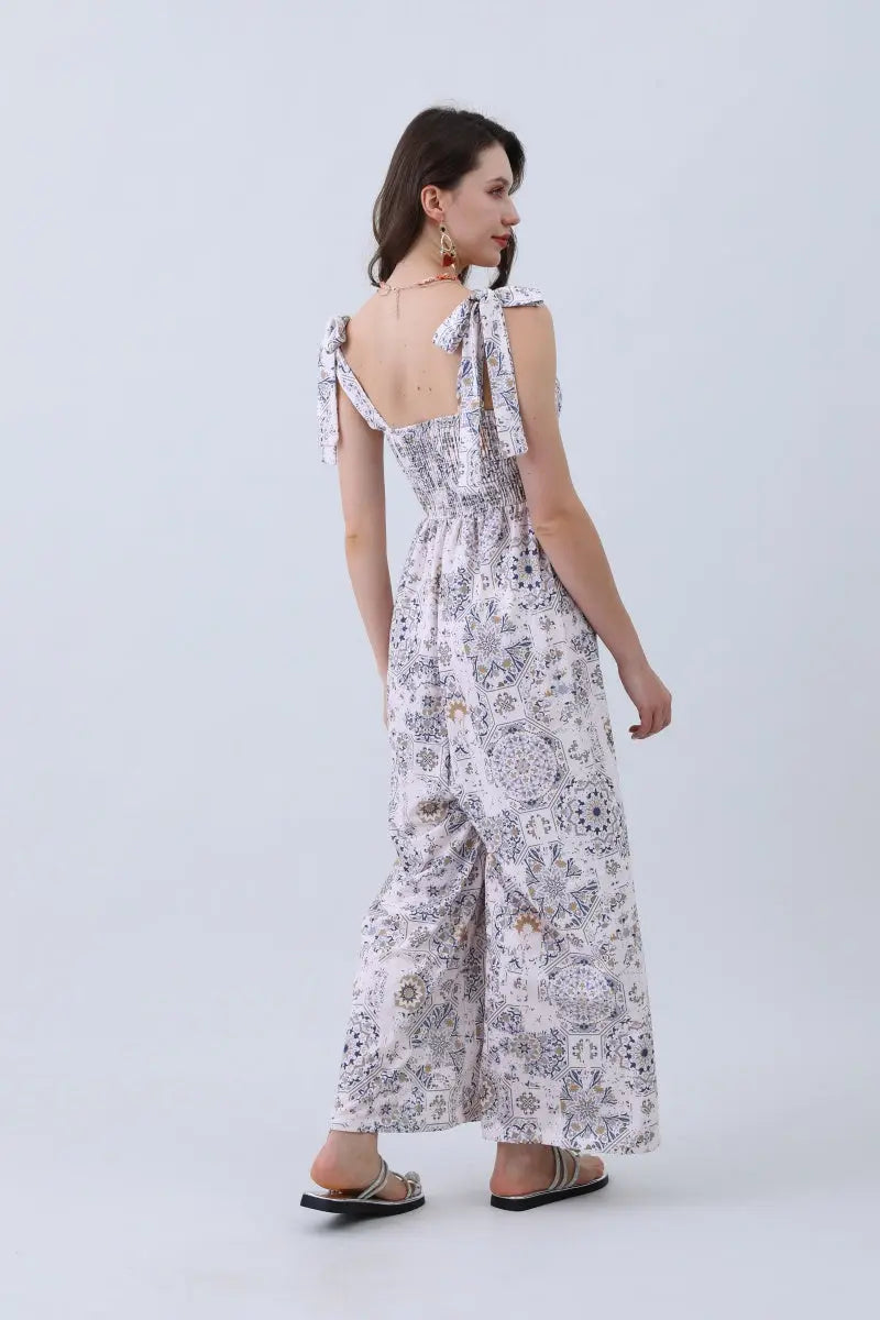 Boho Clothing and Accessories Women’s Floral Print Jumpsuit – Elasticized Bust & Dreamy Wide-leg Cut view 5 - Comfort Stretch