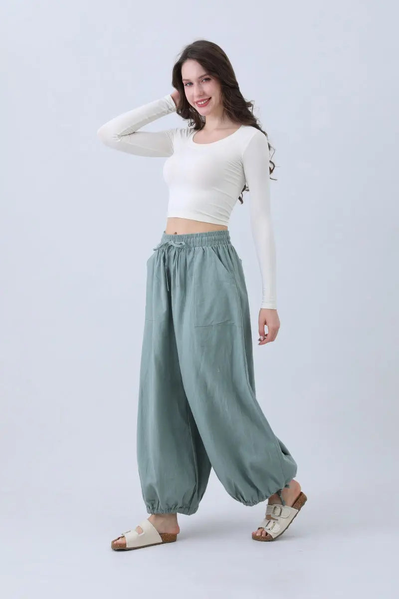 Boho Clothing and Accessories Women's Linen Pants – Relaxed Fit with Adjustable Cuffs in Olive (bottom)