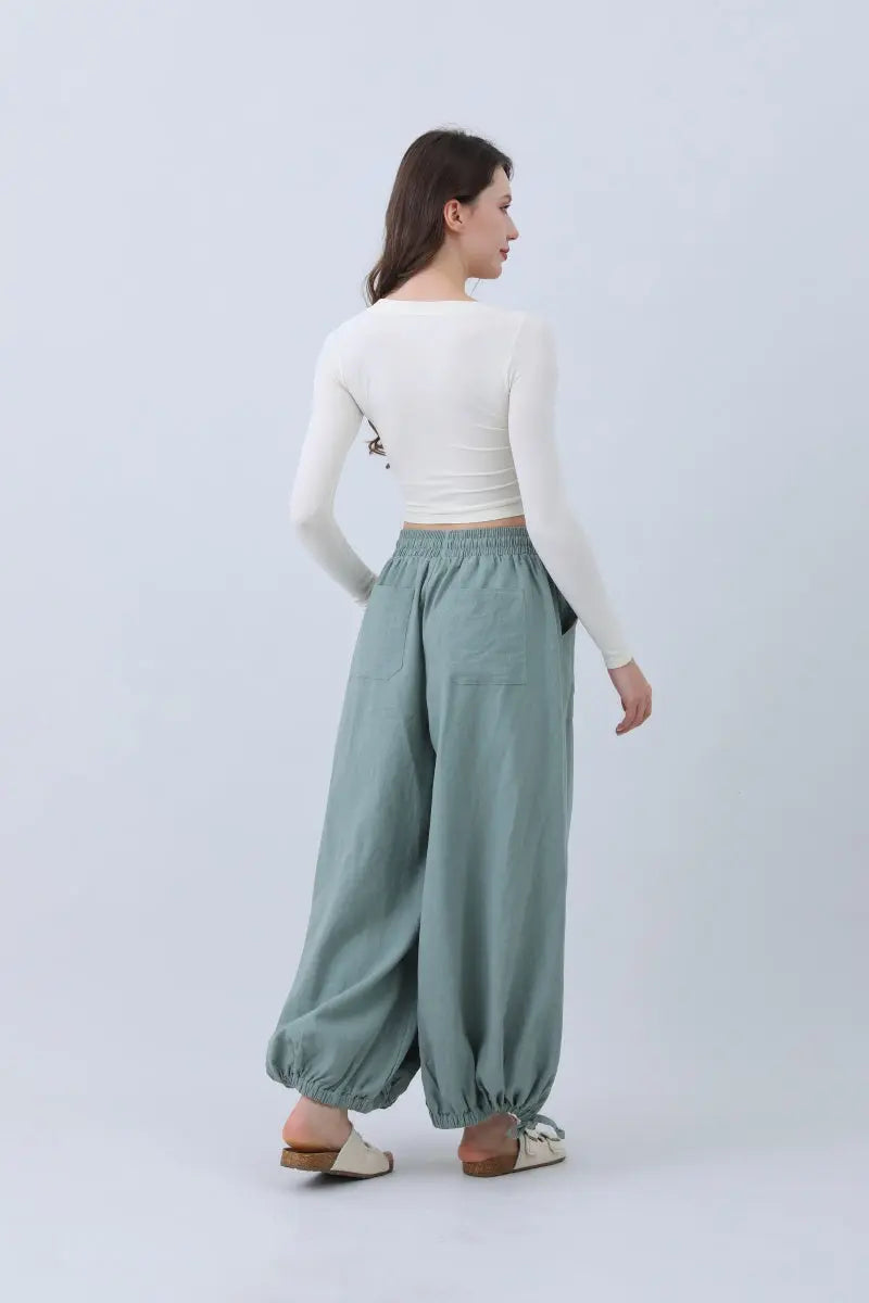 Boho Clothing and Accessories Women's Linen Pants – Relaxed Fit with Adjustable Cuffs in Olive view 2 (bottom)