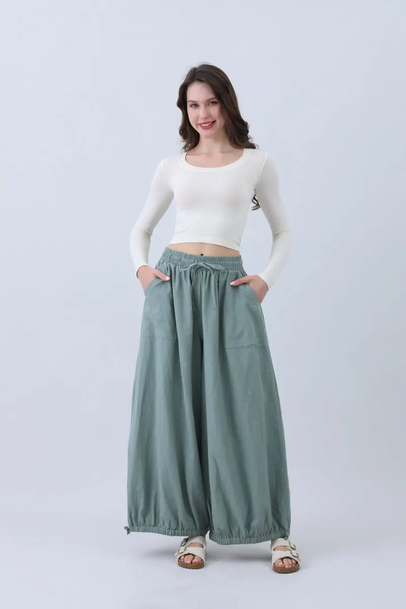 Boho Clothing and Accessories Women's Linen Pants – Relaxed Fit with Adjustable Cuffs in Olive view 3 (bottom)