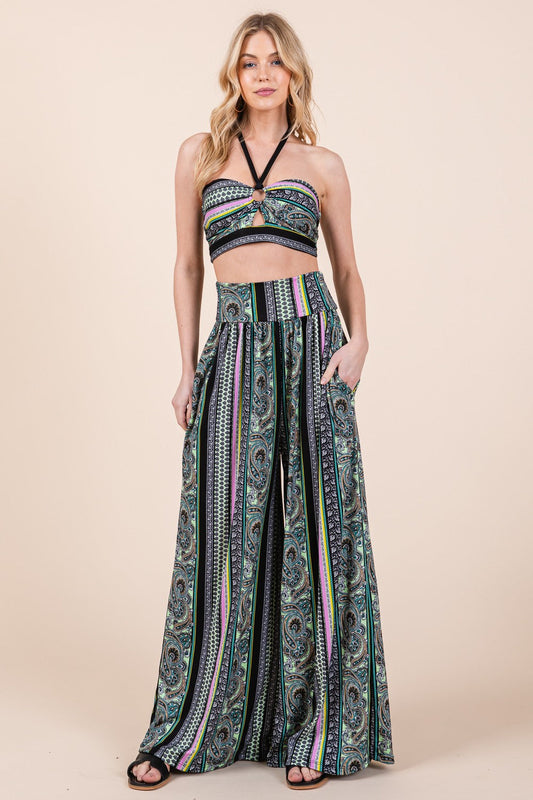 Boho. Print Wide Leg Pants with Pockets in S - Boho Style - Boho Print Ruched Pockets Swim Dress (bottom)