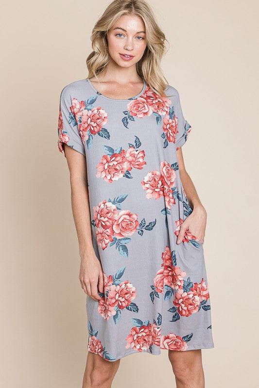 BOMBOM Floral Round Neck Short Tee Dress with Pockets - us.meeeshop