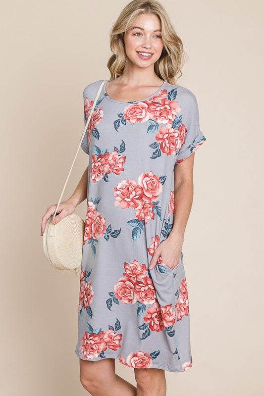 BOMBOM Floral Round Neck Short Tee Dress with Pockets - us.meeeshop