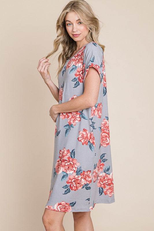 BOMBOM Floral Round Neck Short Tee Dress with Pockets - us.meeeshop