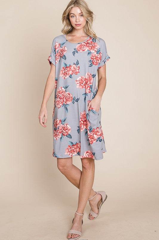 BOMBOM Floral Round Neck Short Tee Dress with Pockets - us.meeeshop