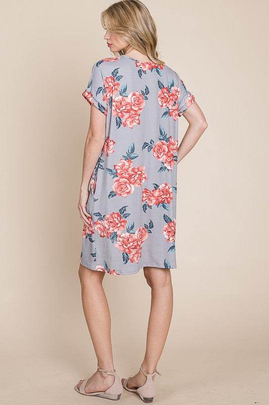 BOMBOM Floral Round Neck Short Tee Dress with Pockets - us.meeeshop