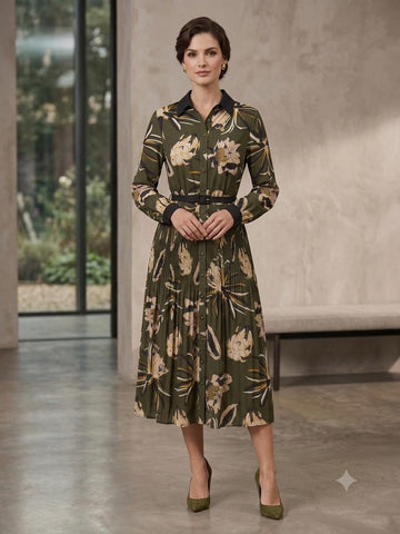 Botanical Pleated Midi Dress - MeeeShop Women's Fashion