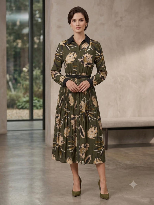 Botanical Pleated Midi Dress in S view 2 - Apricot Botanical Garden Pleated Dress