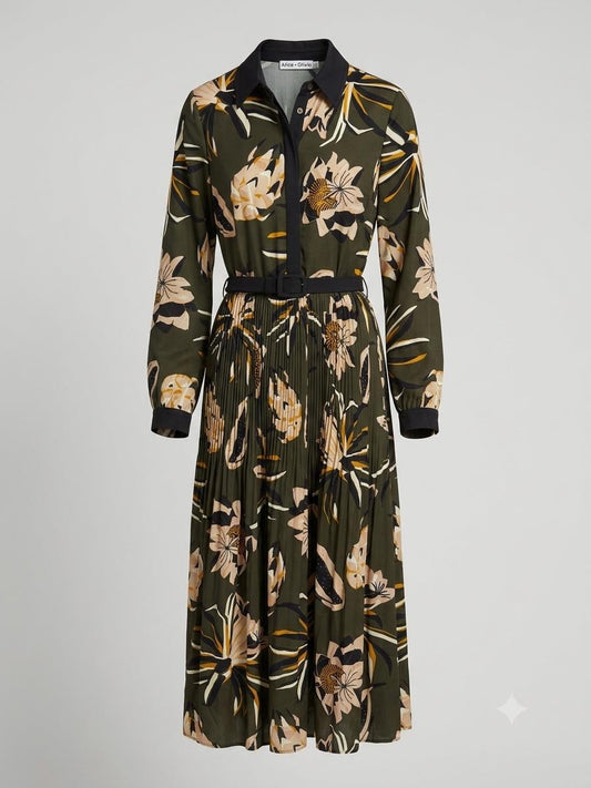 Botanical Pleated Midi Dress in XS - Apricot Botanical Garden Pleated Dress