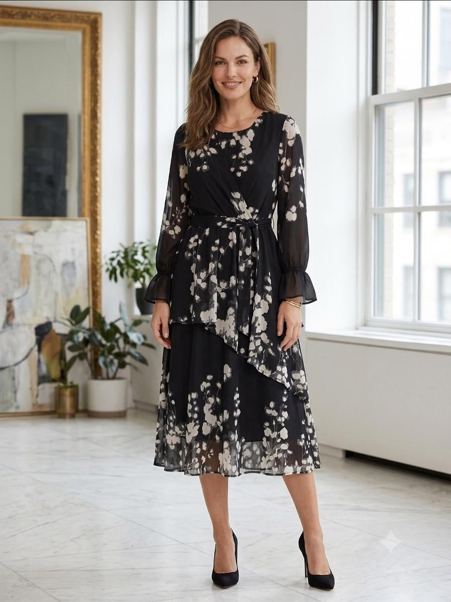 Botanical Print Ruffle Hem Dress in XS - Botanical Print Dress Midi