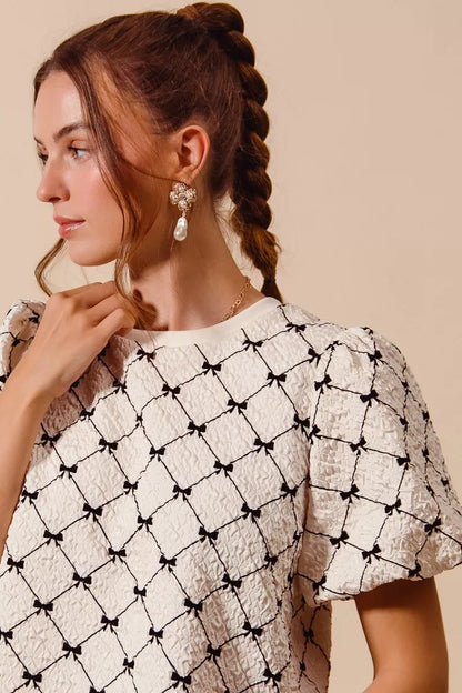bow texture woven So Me Bow Texture Woven Bubble Sleeve Top view 10 (top) - shop at us.meeeshop